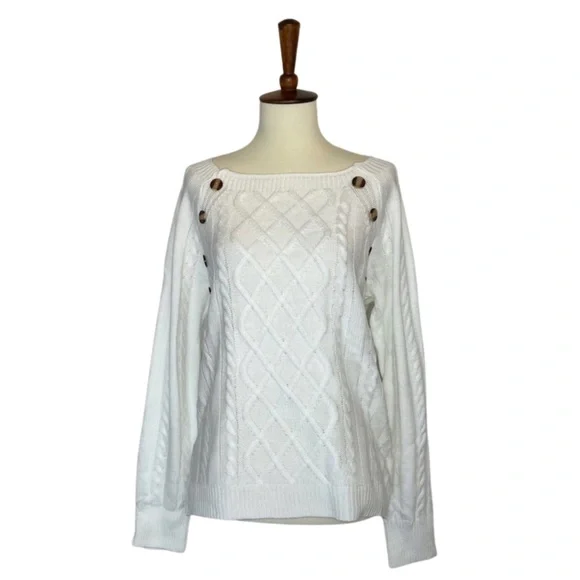 White Wide Neck Knit Pullover Sweater with Button Detail - Picture 7 of 16